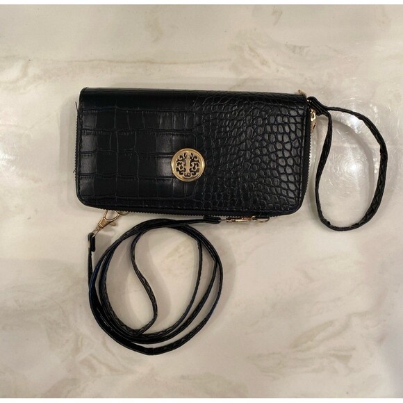 Crossbody Wristlet Wallet Pocketbook Purse Zip Around Black Crocodile Print - Picture 1 of 12